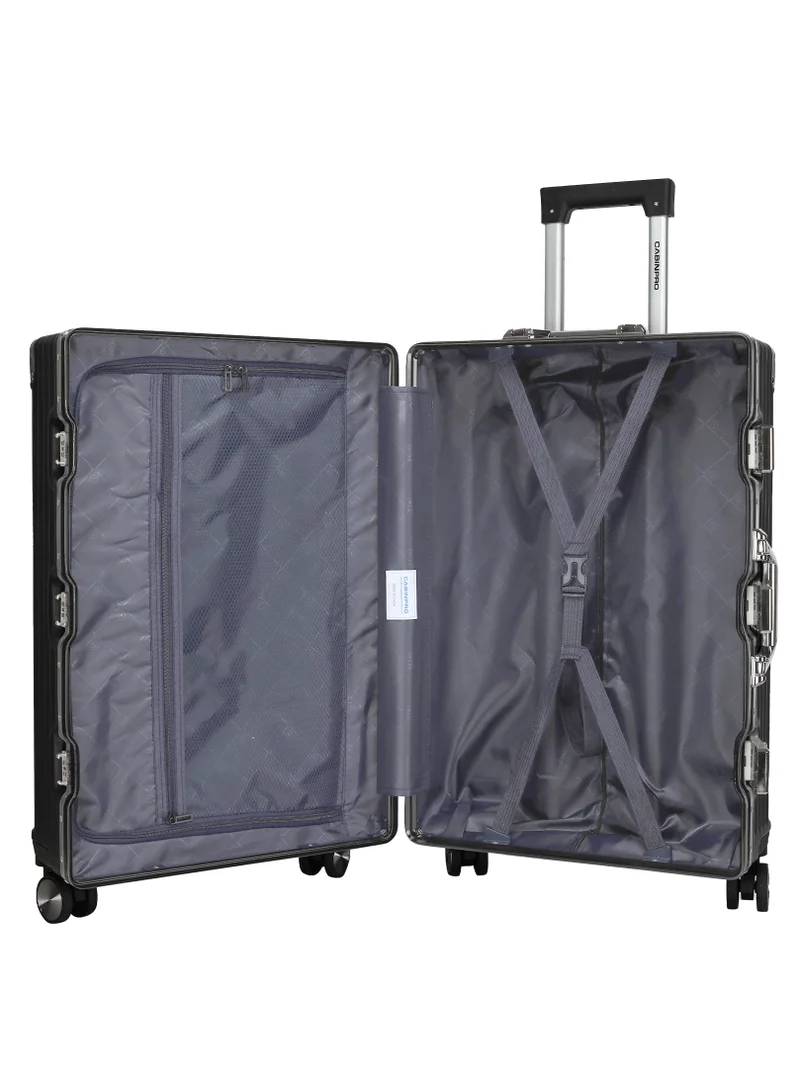 CABINPRO Lightweight Aluminum Frame Fashion Luggage Trolley Polycarbonate Hard Case Medium Checked Luggage Suitcase with 4 Quite 360 Degree Double Spinner Wheels CP001 Black