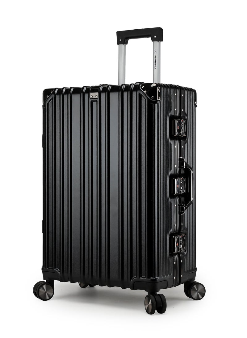 CABINPRO Lightweight Aluminum Frame Fashion Luggage Trolley Polycarbonate Hard Case Medium Checked Luggage Suitcase with 4 Quite 360 Degree Double Spinner Wheels CP001 Black  - Image 1