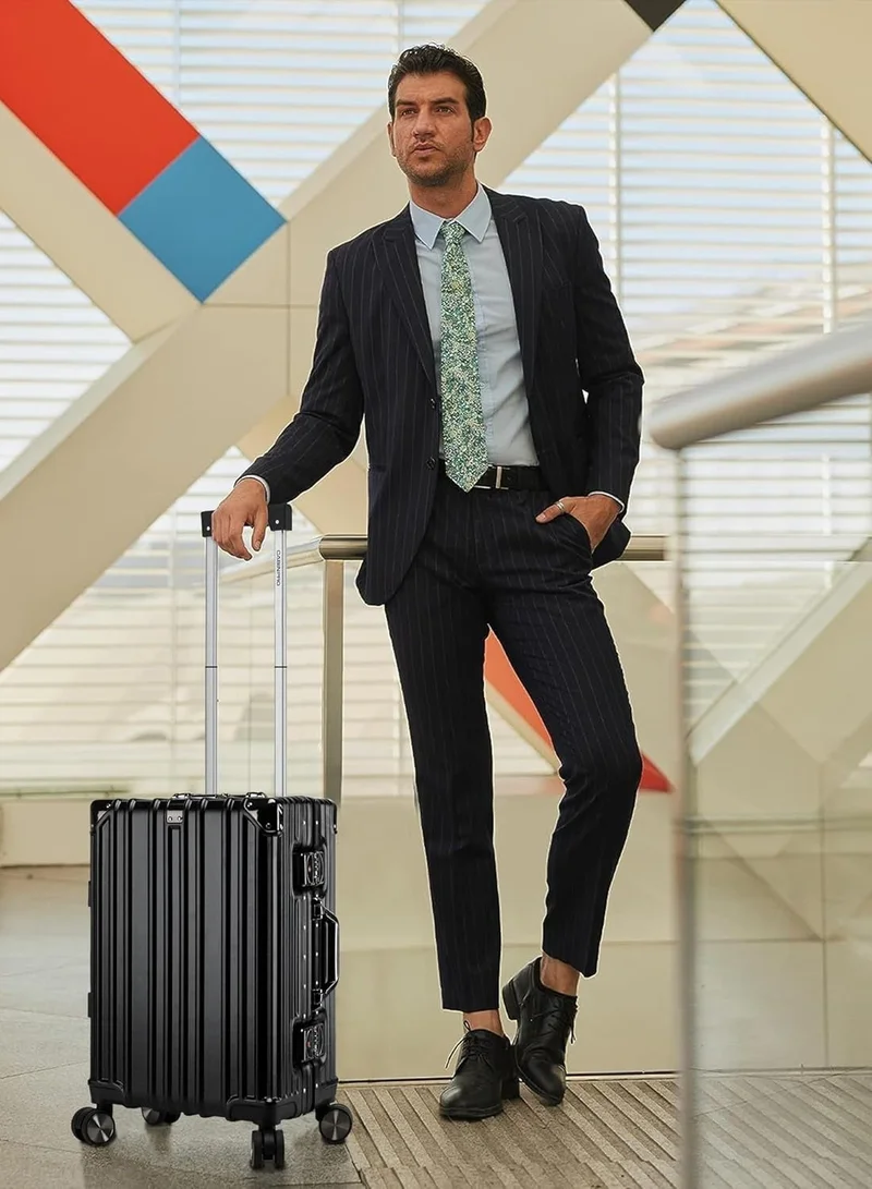 CABINPRO Lightweight Aluminum Frame Fashion Luggage Trolley Polycarbonate Hard Case Medium Checked Luggage Suitcase with 4 Quite 360 Degree Double Spinner Wheels CP001 Black
