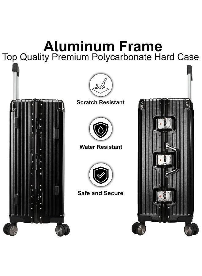 Cabinpro Black Lightweight Aluminum Frame Fashion Luggage Trolley Polycarbonate Hard Case Medium Checked Luggage Suitcase with 4 Quite 360 Degree Double Spinner Wheels CP001 Black  | Best Price UAE