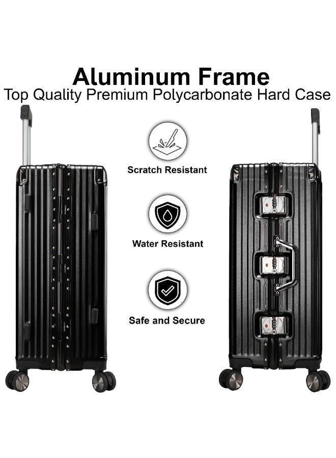 CABINPRO Lightweight Aluminum Frame Fashion Luggage Trolley Polycarbonate Hard Case Medium Checked Luggage Suitcase with 4 Quite 360 Degree Double Spinner Wheels CP001 Black - Image 3