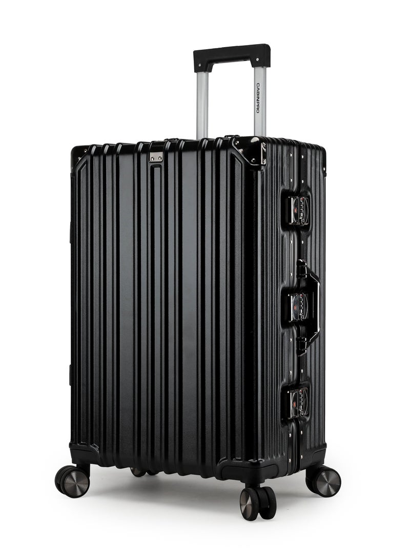 CABINPRO Lightweight Aluminum Frame Fashion Luggage Trolley Polycarbonate Hard Case Medium Checked Luggage Suitcase with 4 Quite 360 Degree Double Spinner Wheels CP001 Black - Image 1