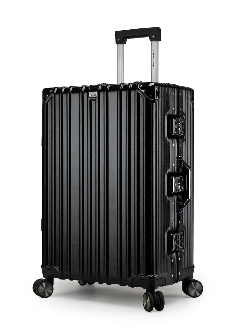 CABINPRO - Lightweight Aluminum Frame Fashion Luggage Trolley Polycarbonate Hard Case Medium Checked Luggage Suitcase with 4 Quite 360 Degree Double Spinner Wheels CP001 Black - Image 1