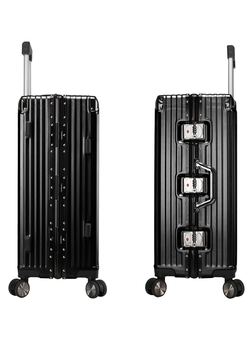 CABINPRO - Lightweight Aluminum Frame Fashion Luggage Trolley Polycarbonate Hard Case Medium Checked Luggage Suitcase with 4 Quite 360 Degree Double Spinner Wheels CP001 Black - Image 1