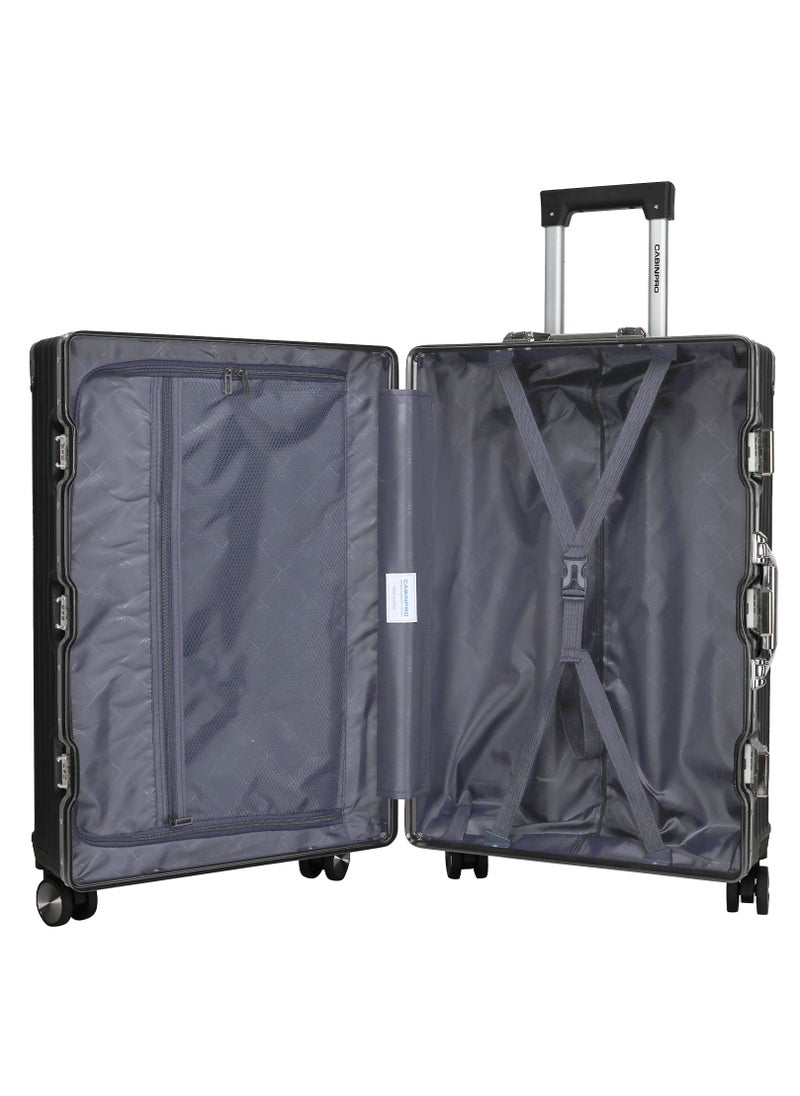CABINPRO - Lightweight Aluminum Frame Fashion Luggage Trolley Polycarbonate Hard Case Medium Checked Luggage Suitcase with 4 Quite 360 Degree Double Spinner Wheels CP001 Black - Image 1