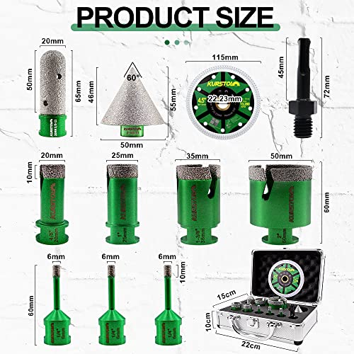 KURSTOL Diamond Core Drill Bits Kit 66620253550mm2 Beveling Chamfer Bit34 Finger Milling BitSDS Adapter to 5811 Thread45 Cutting disc for Porcelain Ceramic Tile Granite Marble - Image 3