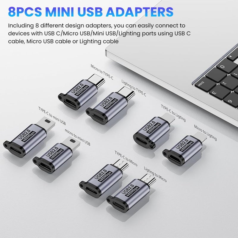 Verilux 8Pcs USB OTG Connector, C/Light-ning to Micro Adapter, Type C/Micro to Light-ning Converter, Micro/Light-ning to Type C Extender, C/Micro to Mini USB for with iPhone 16/15, Galaxy S25/S24/S23 - Image 2