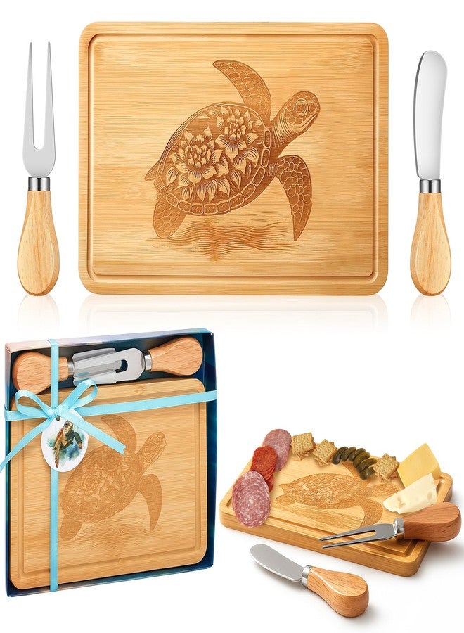 Ziliny Sea Turtle Shaped Cheese Board Set Small Charcuterie Cutting Board Wooden Platter with Knives Forks Funny Serving Trays Turtle Gift for women Christmas Party Kitchen Decoration - Image 1