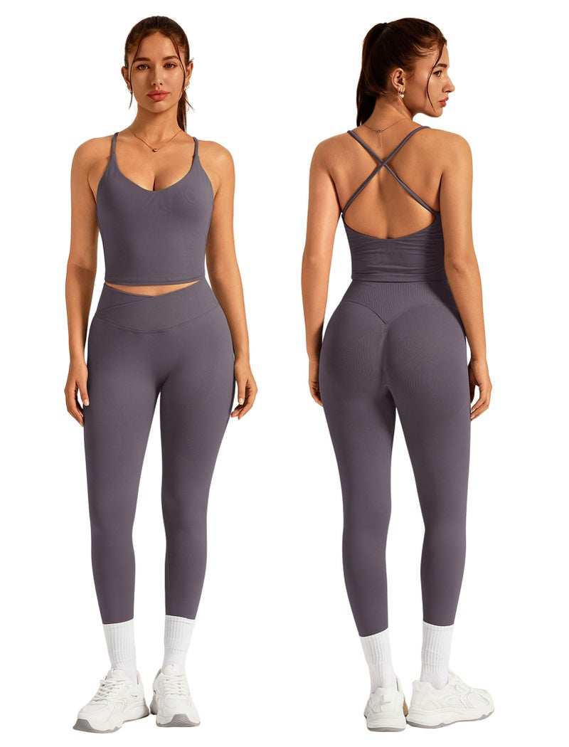 ABOCIW Workout Sets for Women 2 Piece Seamless V Neck Strappy Tank Top with Bra Crossover Waist Scrunch Butt Lifting Leggings Gym Sets Yoga Pilates Outfits Work Out Clothes Dove Small - Image 2