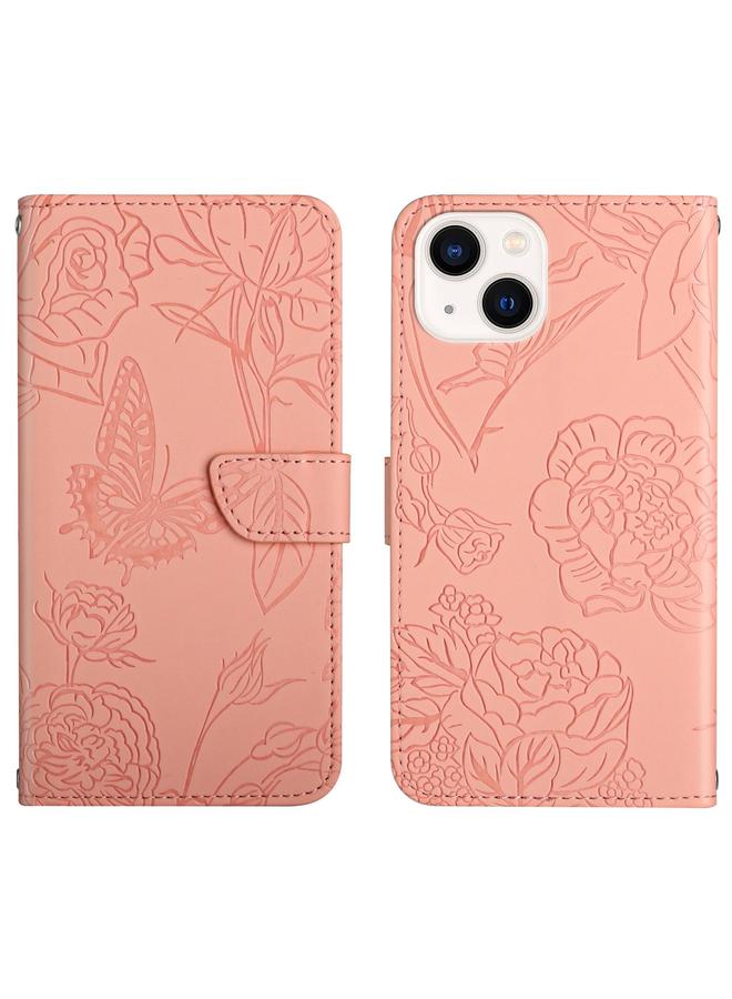 S-TOP Case For iPhone 14 Plus Skin Feel Butterfly Peony Embossed Leather Phone Case - Image 1