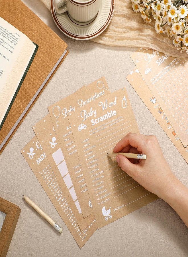 شير مجموعة ألعاب شير لحفلات استقبال المولود الجديد، 320 قطعة من ورق الكرافت، تتضمن 6 ألعاب، كل لعبة 50 ورقة مع 20 قلم رصاص. تشمل المجموعة: لعبة وصف الطفل وأمنياته، لعبة تخمين من هو، لعبة البنغو، ولعبة البحث عن الكلمات. - Image 2
