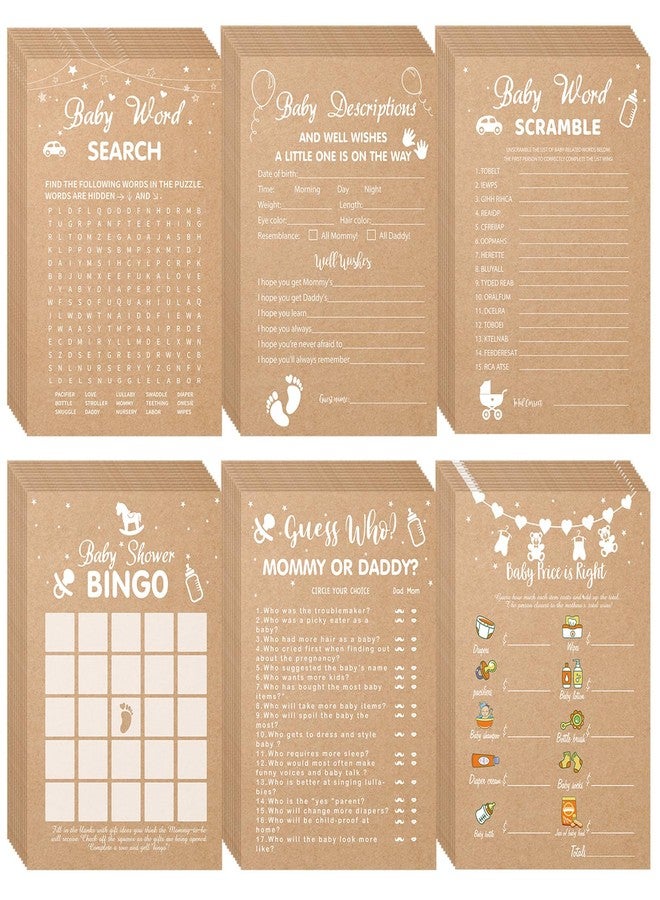 شير مجموعة ألعاب شير لحفلات استقبال المولود الجديد، 320 قطعة من ورق الكرافت، تتضمن 6 ألعاب، كل لعبة 50 ورقة مع 20 قلم رصاص. تشمل المجموعة: لعبة وصف الطفل وأمنياته، لعبة تخمين من هو، لعبة البنغو، ولعبة البحث عن الكلمات. - Image 1