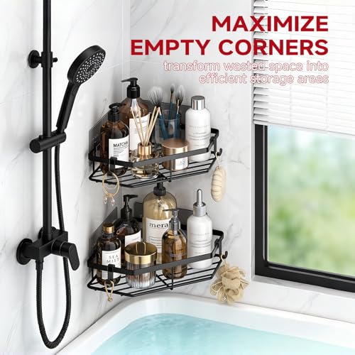 Giomre Corner Shower Caddy, 5-Pack Adhesive Shower Corner Organizer Shelves, No Drilling Stainless Steel Shower Storage Rack with Soap&Toothpaste Holder for Bathroom, Dorm and Kitchen (black) - Image 4