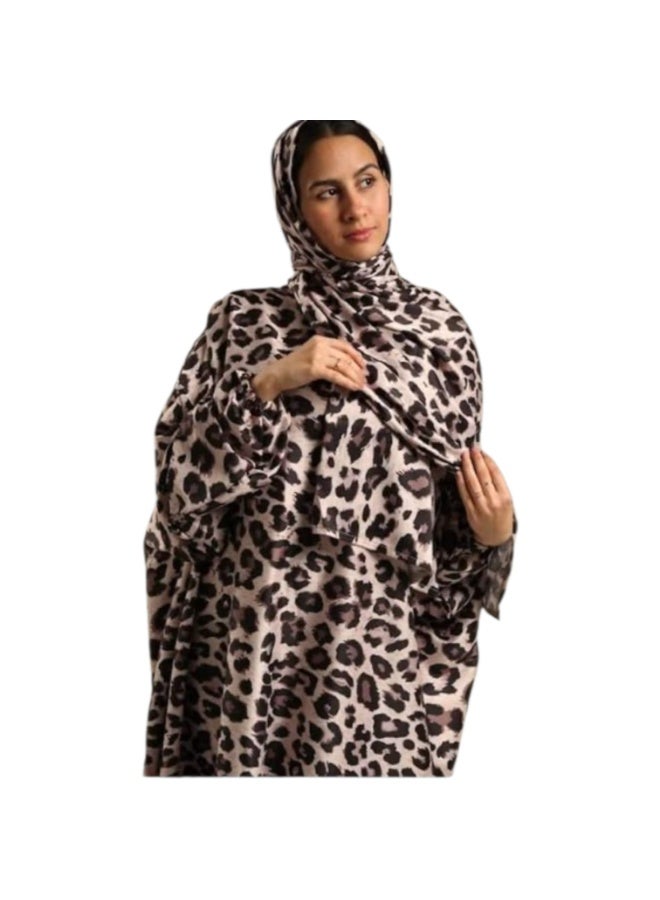 A loose-fitting, tiger-print abaya suitable for everyone