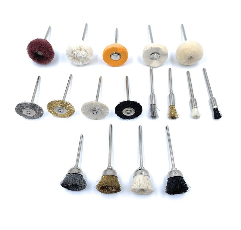 Aone NylonBrassSteelMuslinCottonFelt Scotch 17pcs Mix End Brushes for PolishBuffCleanFinishingDeburring for Dremel Rotary ToolMicro MotorPolishing Machine for JewelleryWatchmakingCrafts - Image 1