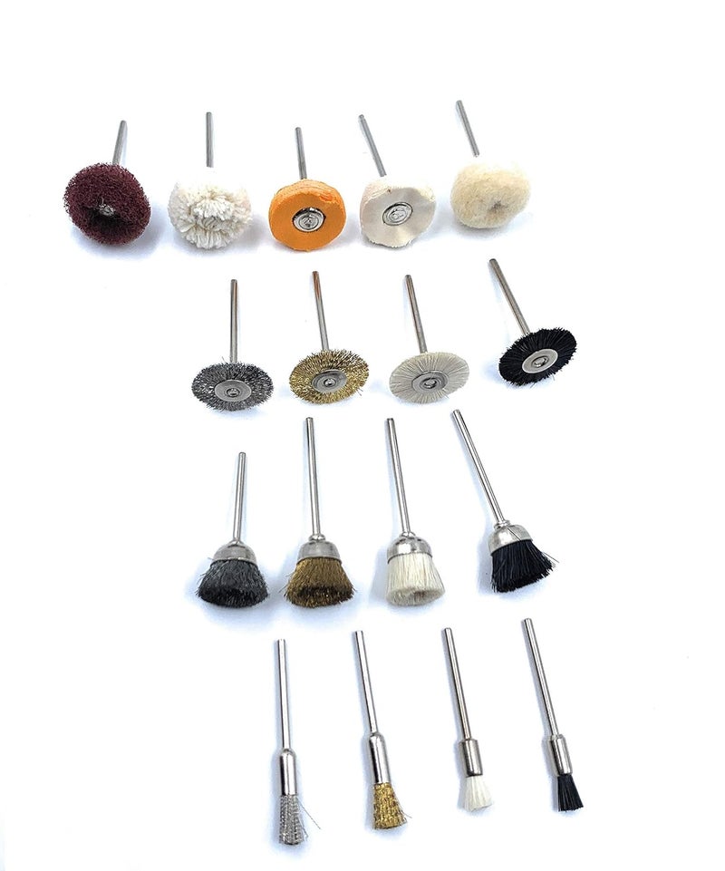 Aone NylonBrassSteelMuslinCottonFelt Scotch 17pcs Mix End Brushes for PolishBuffCleanFinishingDeburring for Dremel Rotary ToolMicro MotorPolishing Machine for JewelleryWatchmakingCrafts - Image 2