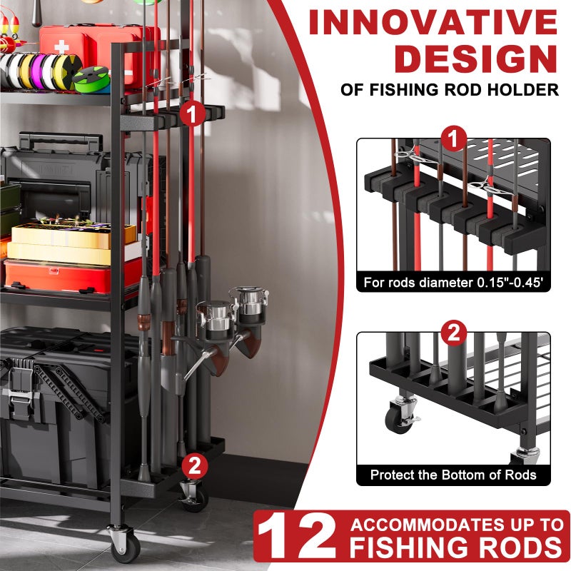 SEEAHEAD Fishing Rod Holders for Garage, Fishing Rod Storage Rack with Hooks & Wheels, Fishing Pole Holder Organizer, Tackle Box & Reel Storage Black - Image 3