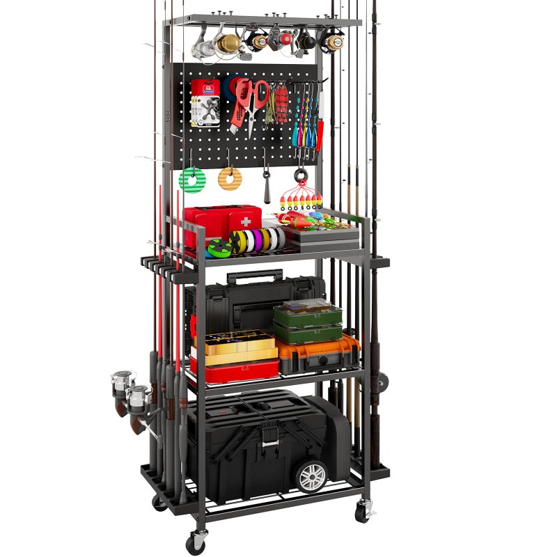 SEEAHEAD Fishing Rod Holders for Garage, Fishing Rod Storage Rack with Hooks & Wheels, Fishing Pole Holder Organizer, Tackle Box & Reel Storage Black - Image 1