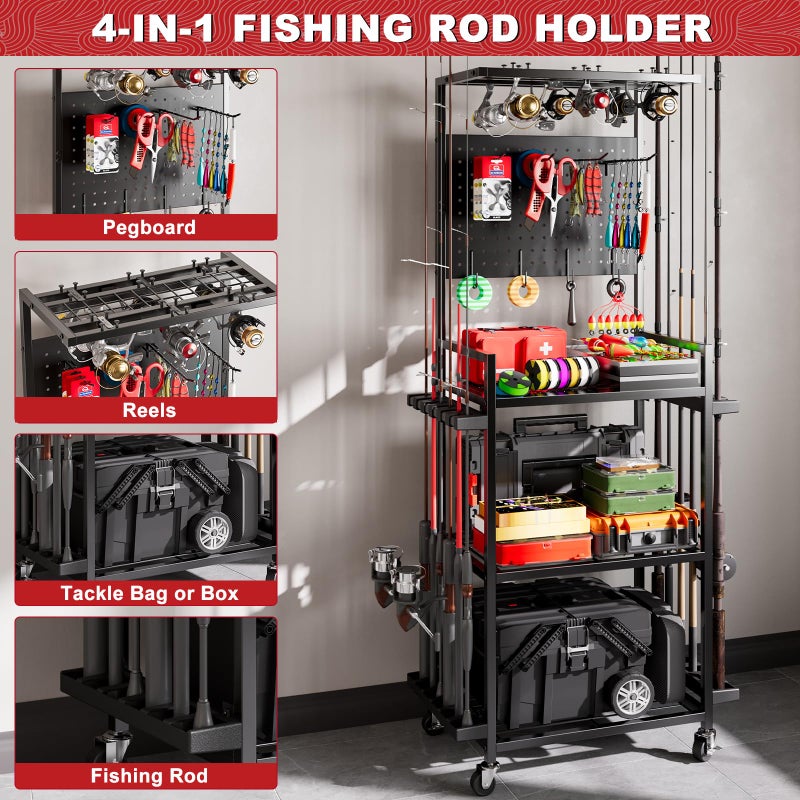 SEEAHEAD Fishing Rod Holders for Garage, Fishing Rod Storage Rack with Hooks & Wheels, Fishing Pole Holder Organizer, Tackle Box & Reel Storage Black - Image 2