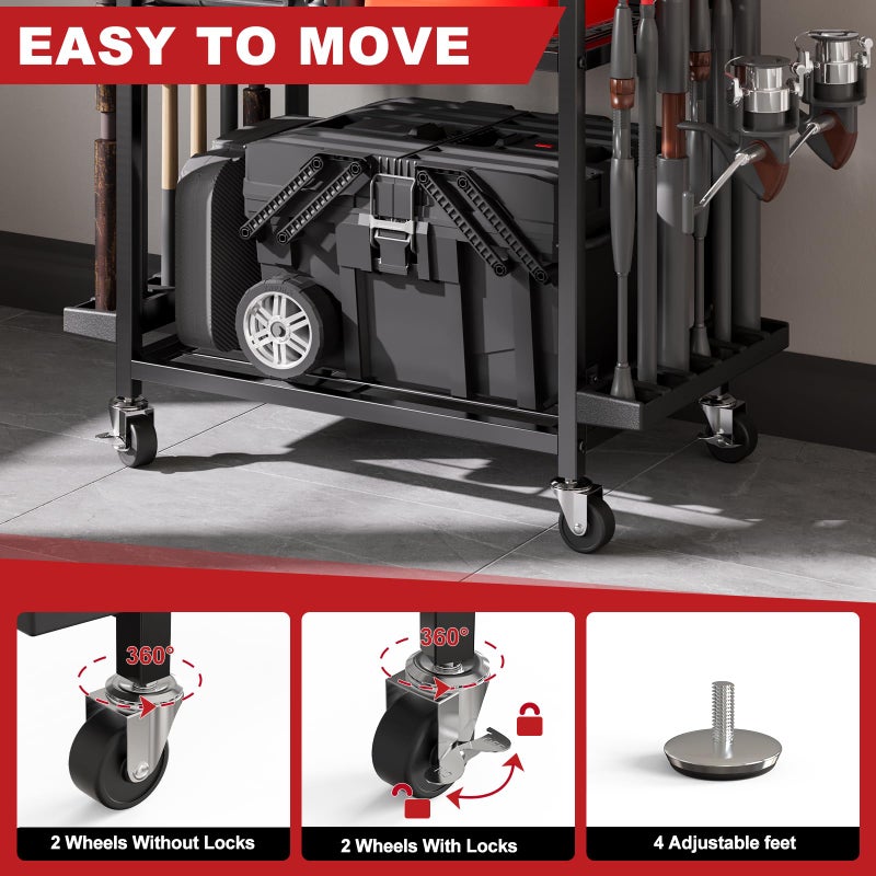 SEEAHEAD Fishing Rod Holders for Garage, Fishing Rod Storage Rack with Hooks & Wheels, Fishing Pole Holder Organizer, Tackle Box & Reel Storage Black - Image 5