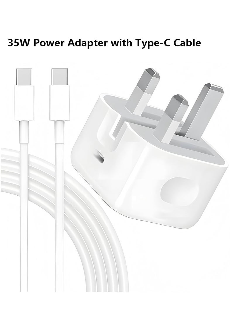 كومبي محول طاقة USB-C 3-Pin بقوة 35 وات مع كابل Type-C إلى Type-C بطول 1 متر باللون الأبيض، متوافق مع iPhone 15/15 Plus/15 Pro/15 Pro Max/16/16 Plus/16 Pro/16 Pro Max/iPad Pro/Air/Mini/10th  - Image 1