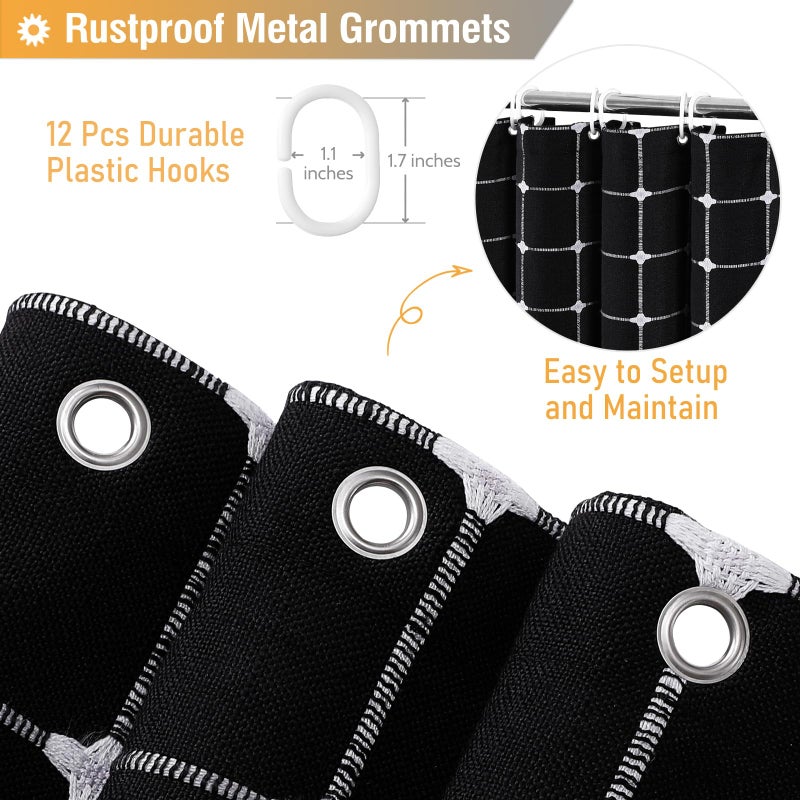 BTTN Boho Farmhouse Shower Curtain, Linen Heavy Duty Fabric Shower Curtain Set with Tassel, Water Repellent, Bohemian Vintage Country Polyester Shower Curtains for Bathroom, Black and White, 72x72 - Image 5