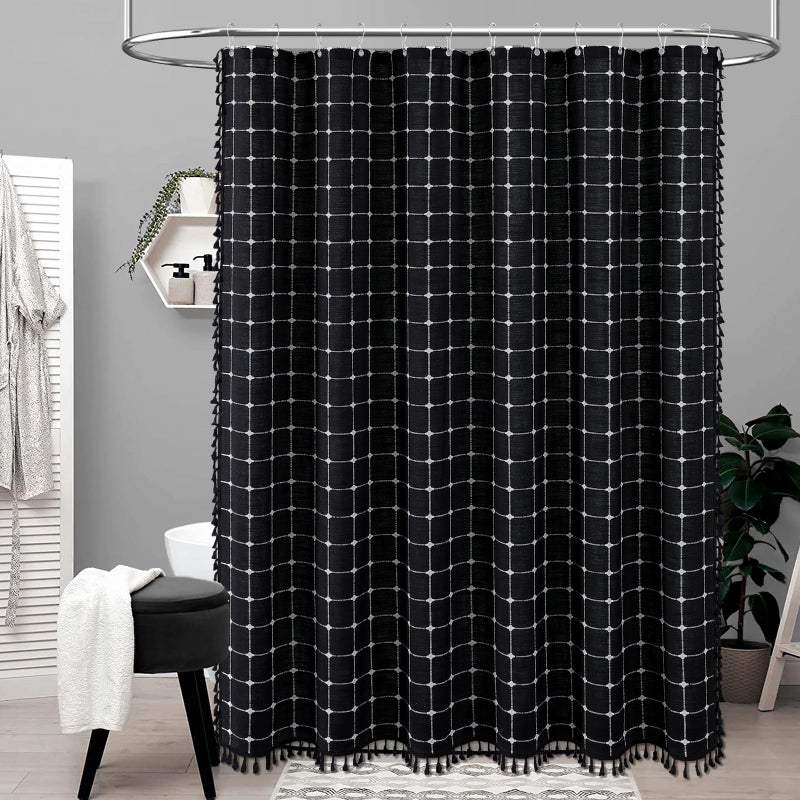 BTTN Boho Farmhouse Shower Curtain, Linen Heavy Duty Fabric Shower Curtain Set with Tassel, Water Repellent, Bohemian Vintage Country Polyester Shower Curtains for Bathroom, Black and White, 72x72 - Image 2