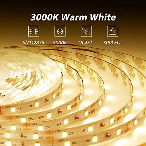 dalattin Warm White LED Strip Lights, 3000K Tunable Soft White Light Strip 16.4ft, Bright 300 LEDs, White Led Lights for Bedroom, Mirror, Kitchen Decoration - Image 3