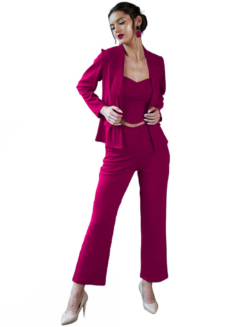 Florely Women's Lycra Solid Three Piece Outfits Blazer Co-Ord Set Women Outdoor Wear Maxi Dress Crop top Party Dress Stylish Latest Dresses (X-Large, Pink) - Image 1
