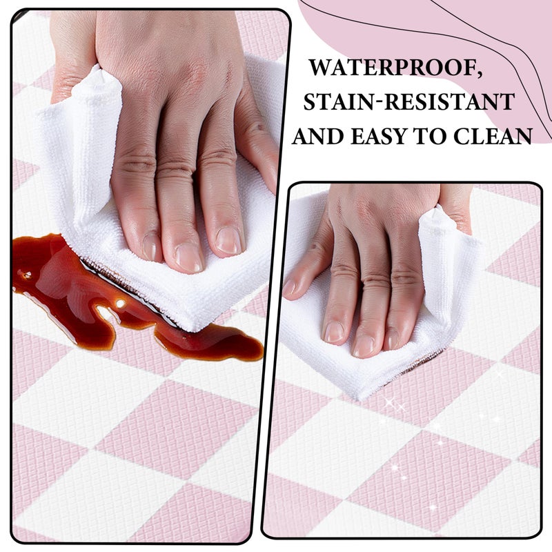 VivaNest Pink Checkered Grid Checkerboard Kitchen Rug Sets [2 PCs], Anti-Fatigue, Waterproof Non-Slip Kitchen Mats Heavy Duty Ergonomic Comfort Foam Rug for Floor, Home, Laundry,Easter 17"x29"+17"x47" - Image 5