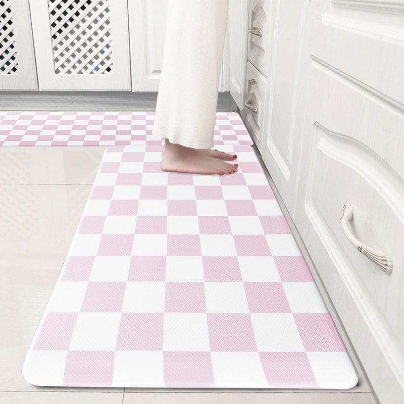VivaNest Pink Checkered Grid Checkerboard Kitchen Rug Sets [2 PCs], Anti-Fatigue, Waterproof Non-Slip Kitchen Mats Heavy Duty Ergonomic Comfort Foam Rug for Floor, Home, Laundry,Easter 17"x29"+17"x47" - Image 1