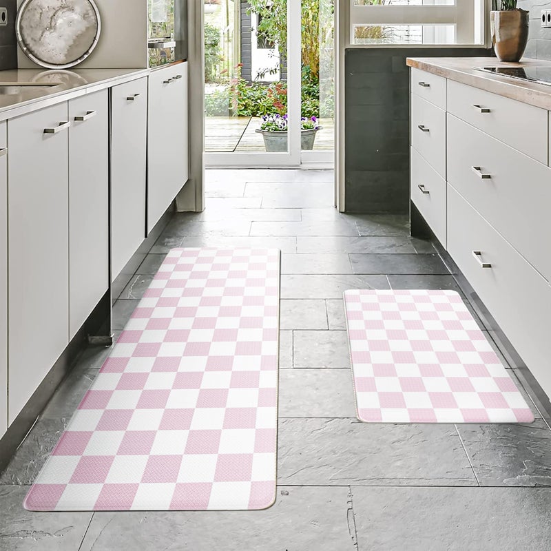 VivaNest Pink Checkered Grid Checkerboard Kitchen Rug Sets [2 PCs], Anti-Fatigue, Waterproof Non-Slip Kitchen Mats Heavy Duty Ergonomic Comfort Foam Rug for Floor, Home, Laundry,Easter 17"x29"+17"x47" - Image 2