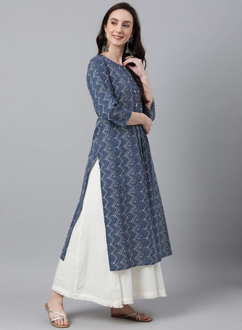 IndHeritage's Premium Cotton Kurti / Kurta for women - Dark blue colour with white zig zag prints - Image 3