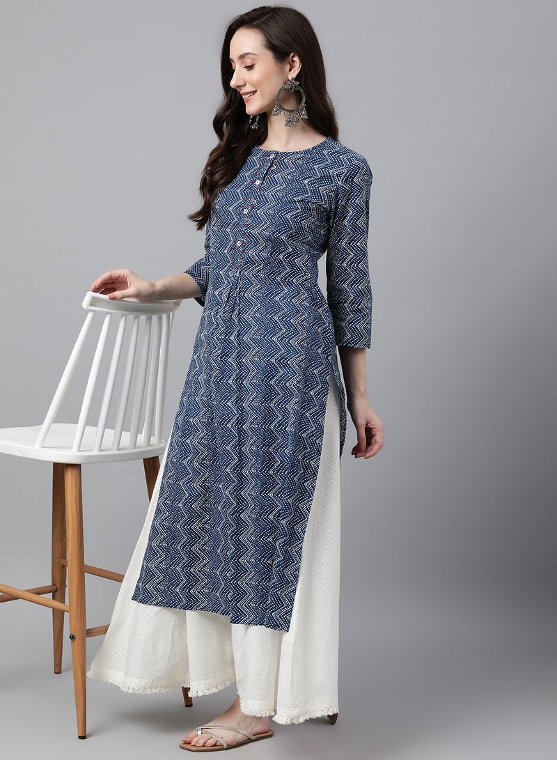 IndHeritage's Premium Cotton Kurti / Kurta for women - Dark blue colour with white zig zag prints - Image 2