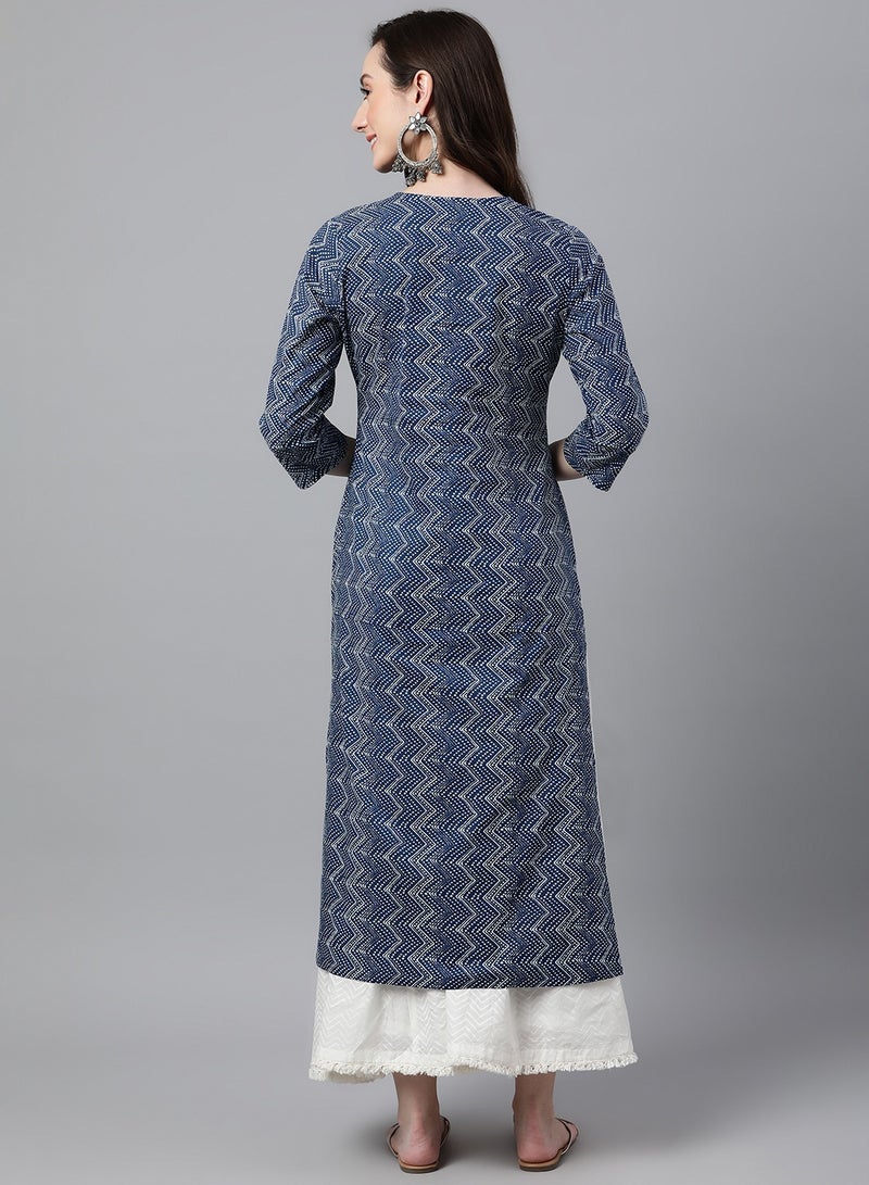 IndHeritage's Premium Cotton Kurti / Kurta for women - Dark blue colour with white zig zag prints - Image 5