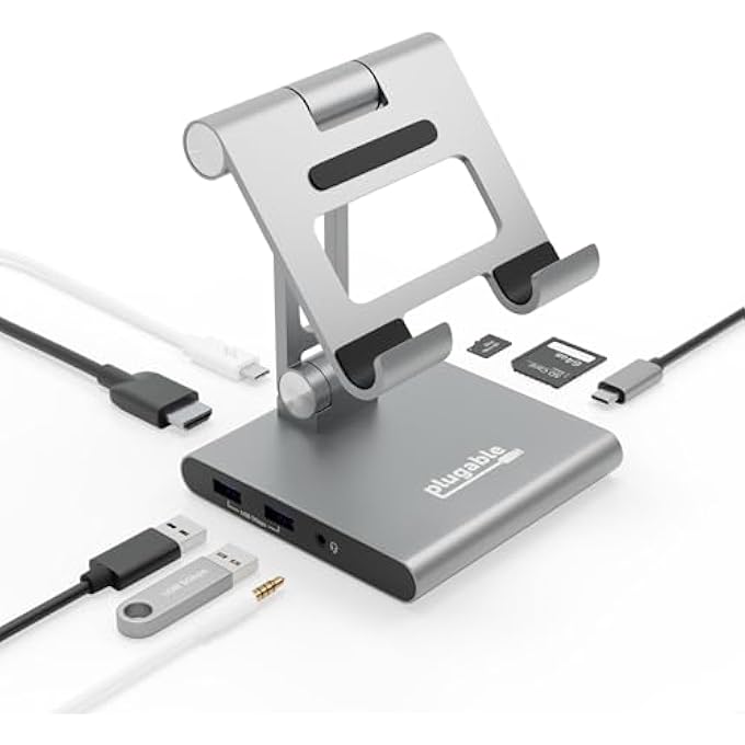 Plugable 8-IN-1 USB C DOCKING STATION FOR IPAD WITH STAND, 100W PASS-THROUGH CHARGING USB-C HUB, 1X HDMI, 2X USB, AUDIO, AND SD, COMPATIBLE WITH WINDOWS, IPADOS, USB-C PHONES, AND TABLETS - Image 1
