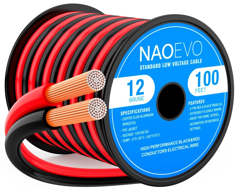 NAOEVO 12 Gauge Wire 100FT, 2 Conductors Electrical Wire Red Black Cable, Flexible/Low Voltage/PVC 12 AWG Copper Clad Aluminum Extension Cord for Speaker, LED Strips, Automotive 12V/24V DC - Image 1