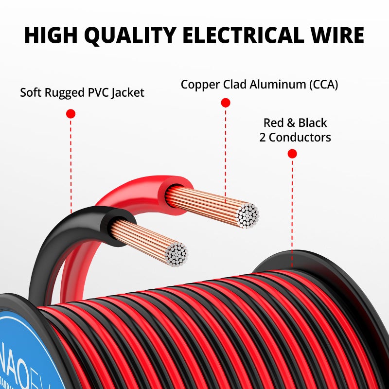 NAOEVO 12 Gauge Wire 100FT, 2 Conductors Electrical Wire Red Black Cable, Flexible/Low Voltage/PVC 12 AWG Copper Clad Aluminum Extension Cord for Speaker, LED Strips, Automotive 12V/24V DC - Image 2