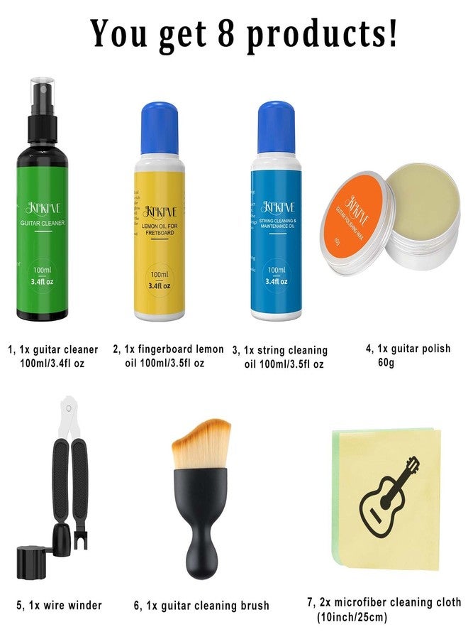 KTKTVE Guitar Cleaning Kit - 8-Pack Complete Care Set with Innovative Sponge Applicator | Guitar Cleaner, Lemon Oil(fretboard oil), Polish Wax, String Cleaner, Winder, Brush & Microfiber Cloth - Image 2