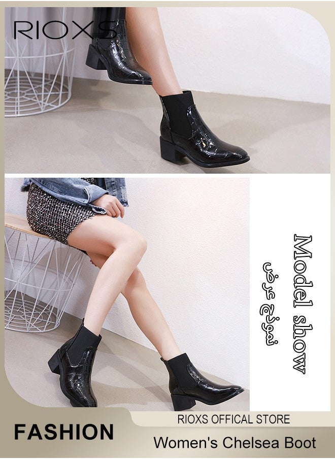 RIOXS - Women's Chelsea Boot, Fashion PU Leather Short Patent Leather Boots, Elastic Low Flat Boots, Waterproof Ankle Garden Shoes, Rain Boots For Wpmen, Anti Slip Slip On Boots, Ladies Stylish Lightlight Chelsea Booties, Women's Rain Footwear - Image 1
