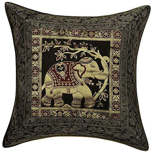 E - Ezra E-EZRA Decorative Brocade Banarsi Silk Jacquard Cushion Covers Pillowcase 16 inch Rajasthani Diwan Living Room Sofa Elephant 40 x 40 cm (Black, 1) - Image 1