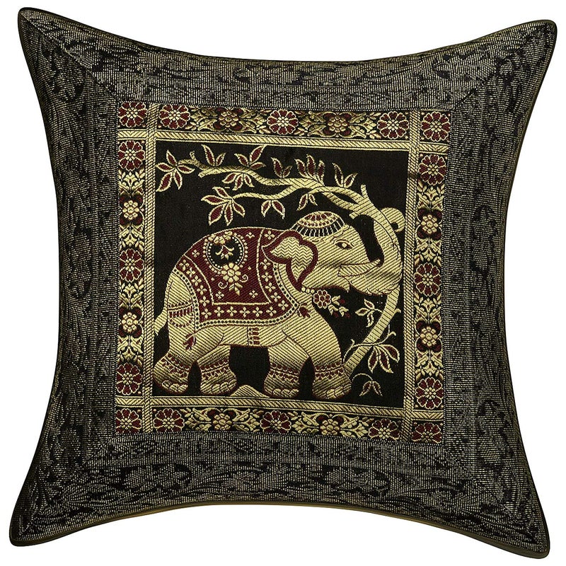 E - Ezra E-EZRA Decorative Brocade Banarsi Silk Jacquard Cushion Covers Pillowcase 16 inch Rajasthani Diwan Living Room Sofa Elephant 40 x 40 cm (Black, 1) - Image 5