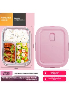 Custom Processing High Borosilicate Glass Lunch Box Three-piece Set Student Office Workers With Rice Bowl Microwave Oven Special Fresh-keeping Bowl-Specifications:Large Three-compartment Fresh-keeping Bowl 960ml-Color:Pink
