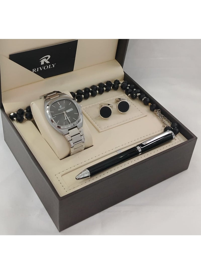 Men's stainless steel set consisting of a watch, a rosary, a pen and cufflinks