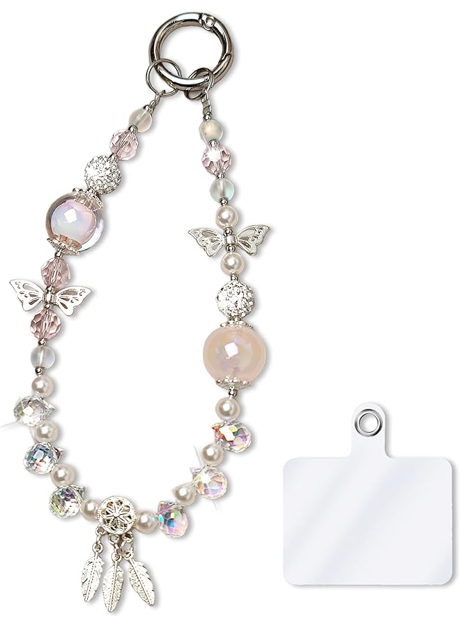 Green Tiger Crystal Keychain Beaded Phone Wrist Strap Charm for Women, Sparkling Wristlet Bracelet Cellphone Lanyard with Tether Tab, Hands-Free Wristlet, Perfect for Gifts, Birthdays & Holidays (Pink) - Image 1