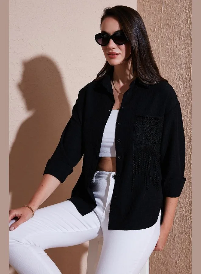 ليلا قميص نسائي بأكمام طويلة وتفاصيل جيوب برباط من ليلا مقاس عادي