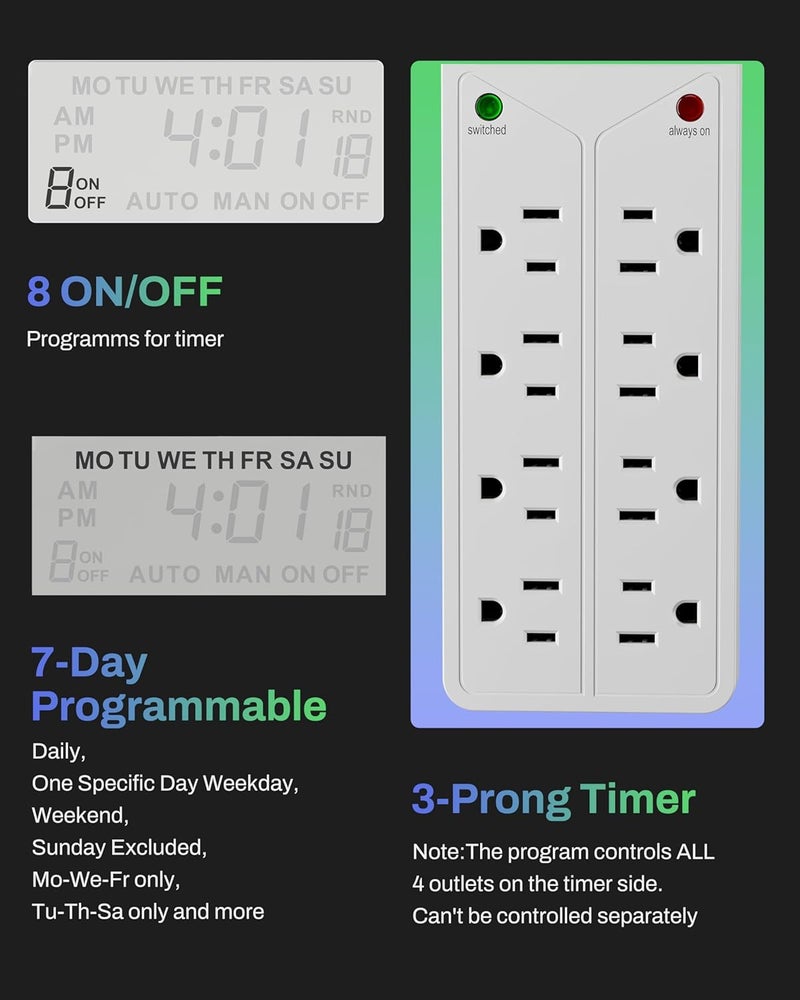 BN-LINK 8 Outlet Surge Protector with 7-Day Digital Timer (4 Outlets Timed, 4 Outlets Always On) - White - Image 3