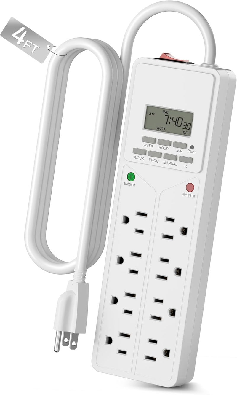 BN-LINK 8 Outlet Surge Protector with 7-Day Digital Timer (4 Outlets Timed, 4 Outlets Always On) - White - Image 1