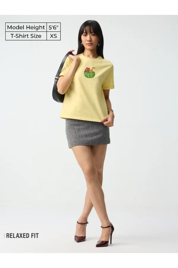 The Souled Store The Souled Store Women Coconut Water Bead Embroidered Yellow Relaxed T-Shirts