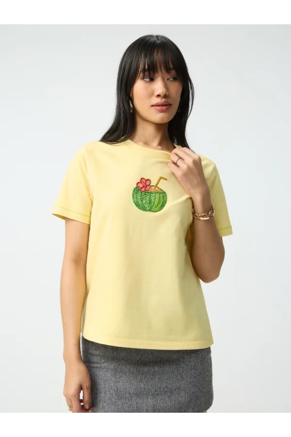 The Souled Store The Souled Store Women Coconut Water Bead Embroidered Yellow Relaxed T-Shirts